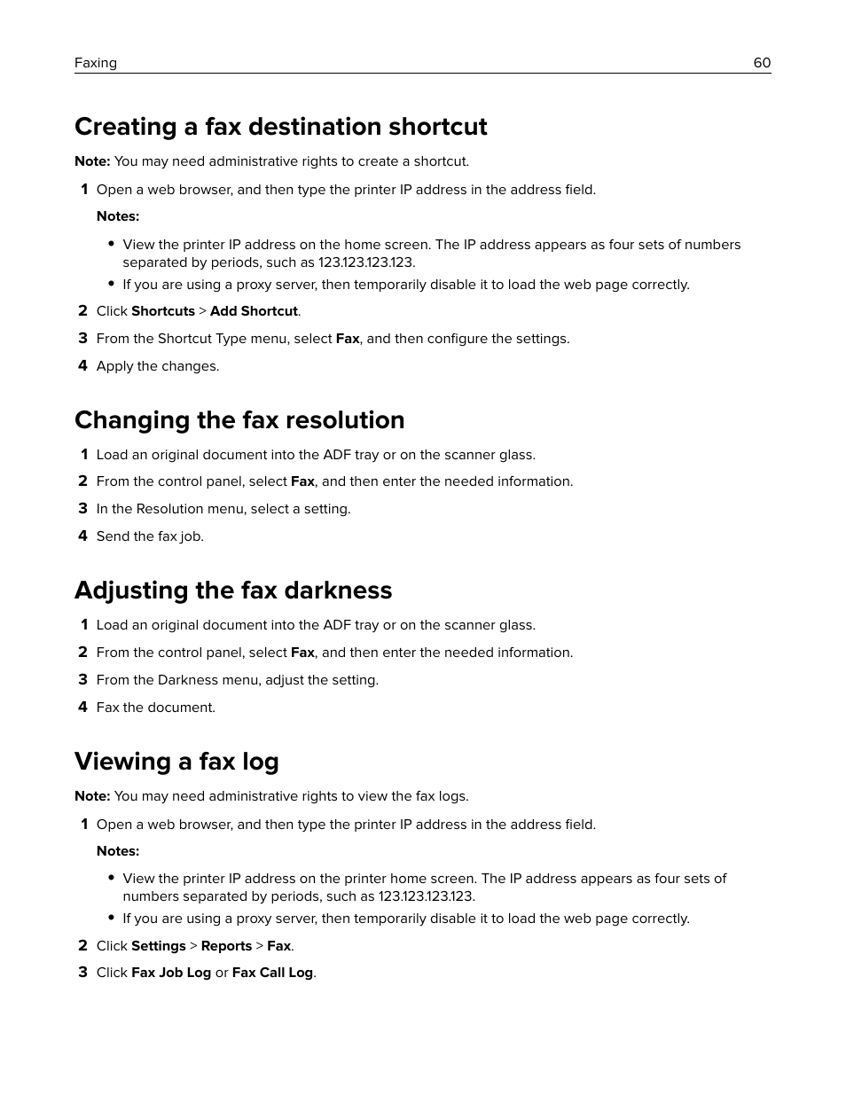 Creating a fax destination shortcut, Changing the fax resolution, Adjusting the fax darkness | Viewing a fax log | Lexmark CX622ade Color Laser Printer User Manual | Page 60 / 270