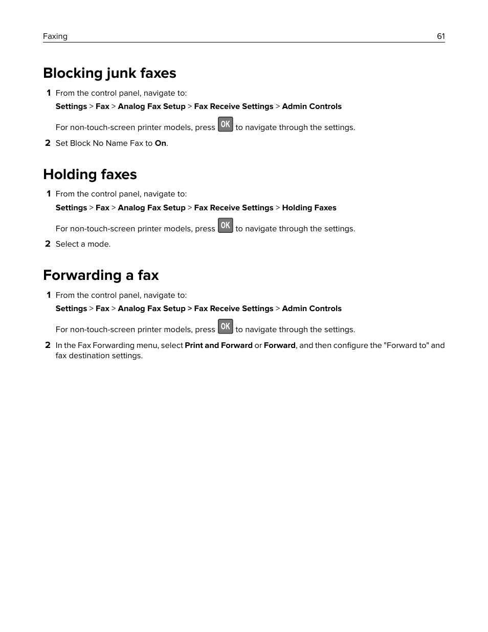 Blocking junk faxes, Holding faxes, Forwarding a fax | Lexmark CX622ade Color Laser Printer User Manual | Page 61 / 270