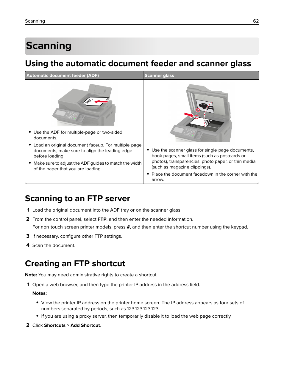 Scanning, Scanning to an ftp server, Creating an ftp shortcut | Lexmark CX622ade Color Laser Printer User Manual | Page 62 / 270