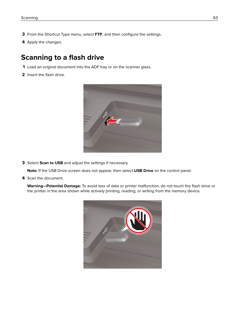 Scanning to a flash drive, Scanning to a ﬂash drive | Lexmark CX622ade Color Laser Printer User Manual | Page 63 / 270