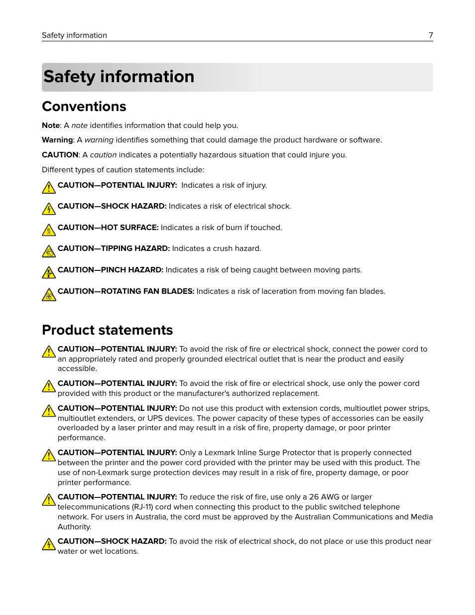 Safety information, Conventions, Product statements | Lexmark CX622ade Color Laser Printer User Manual | Page 7 / 270