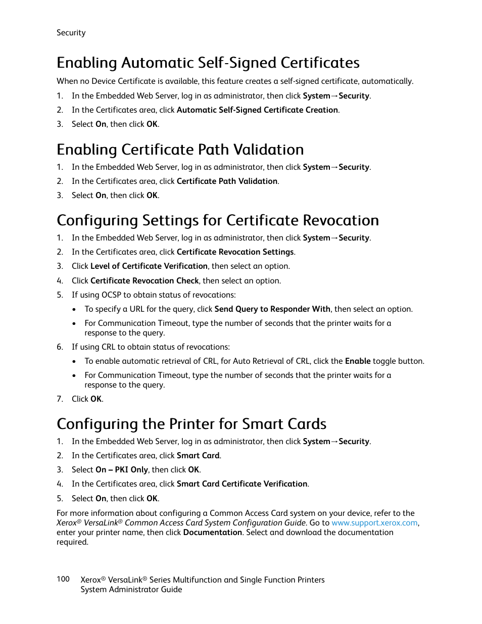 Enabling automatic self-signed certificates, Enabling certificate path validation, Configuring settings for certificate revocation | Configuring the printer for smart cards | Xerox VersaLink C500/DN Color Laser Printer User Manual | Page 100 / 204