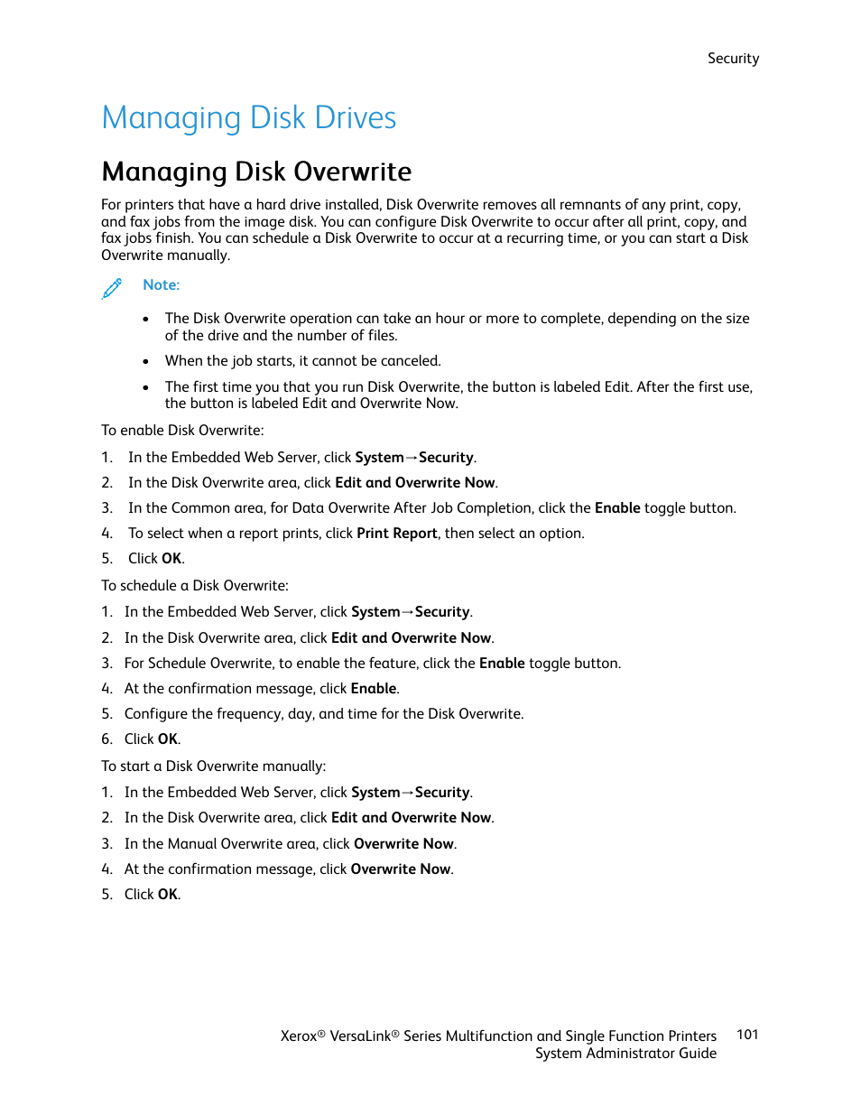 Managing disk drives, Managing disk overwrite, Mmaannaaggiinngg d diisskk o ovveerrw wrriittee | Xerox VersaLink C500/DN Color Laser Printer User Manual | Page 101 / 204