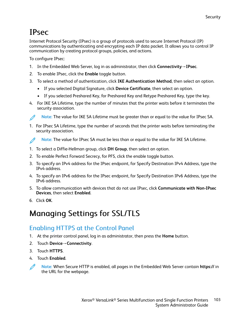Ipsec, Managing settings for ssl/tls, Enabling https at the control panel | Iippsseecc | Xerox VersaLink C500/DN Color Laser Printer User Manual | Page 103 / 204