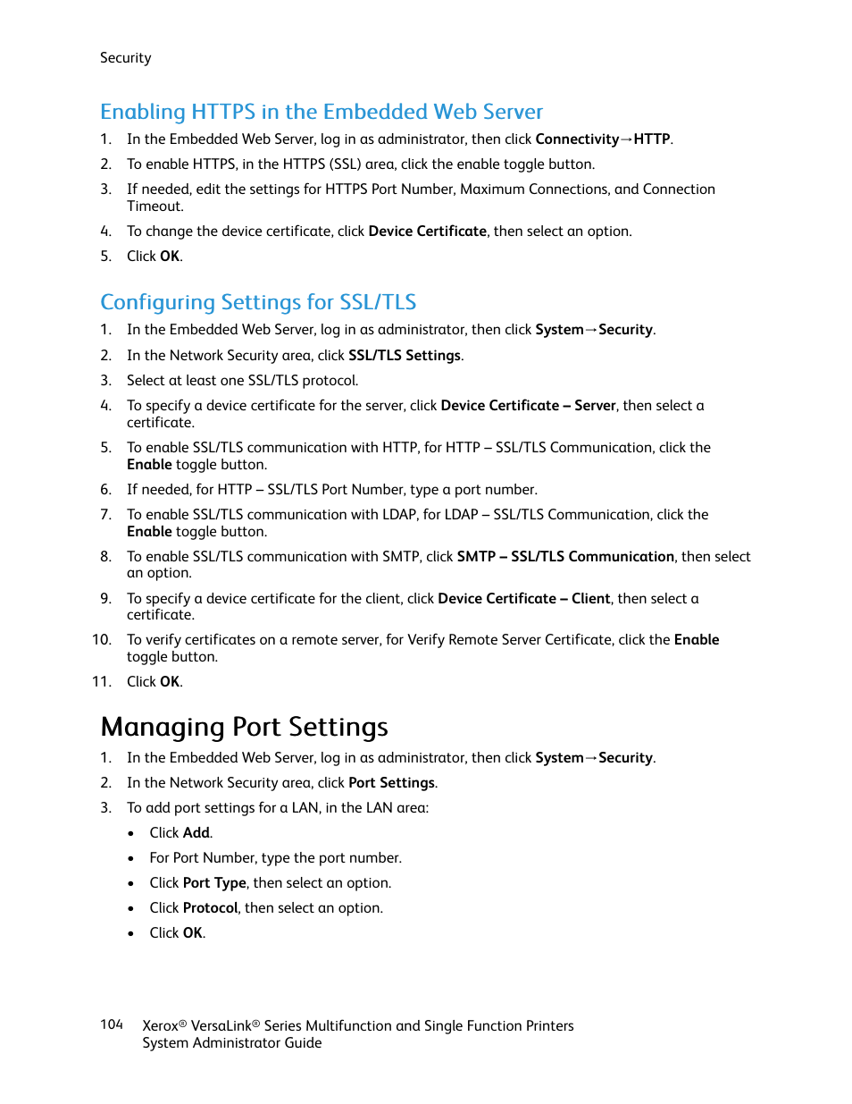 Enabling https in the embedded web server, Configuring settings for ssl/tls, Managing port settings | Xerox VersaLink C500/DN Color Laser Printer User Manual | Page 104 / 204
