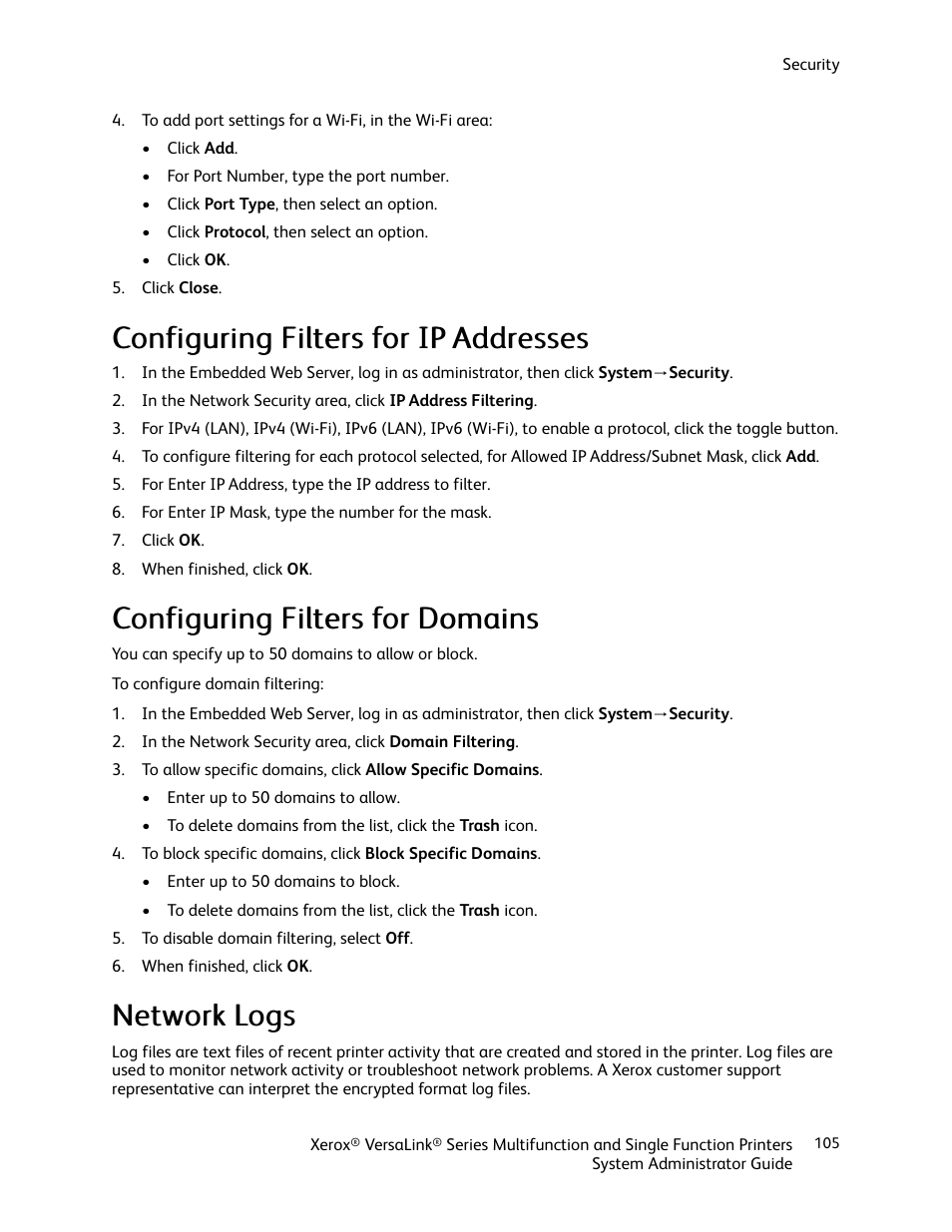 Configuring filters for ip addresses, Configuring filters for domains, Network logs | Nneettw woorrkk llooggss | Xerox VersaLink C500/DN Color Laser Printer User Manual | Page 105 / 204