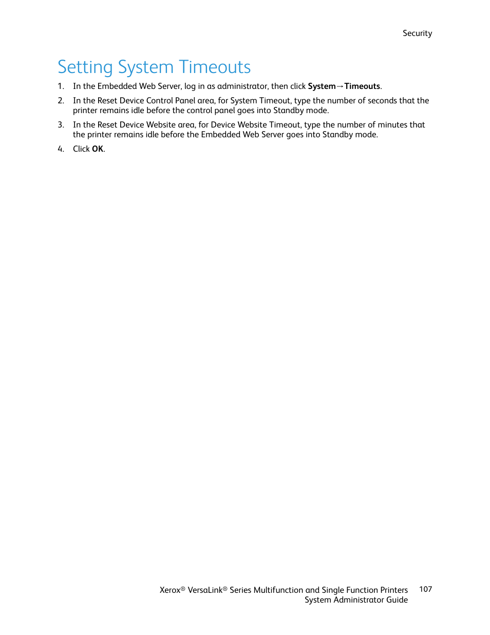 Setting system timeouts | Xerox VersaLink C500/DN Color Laser Printer User Manual | Page 107 / 204