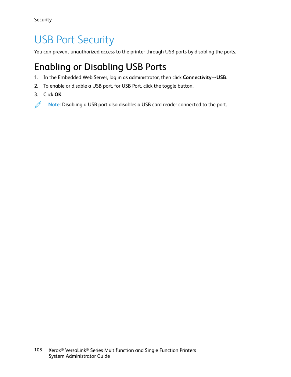 Usb port security, Enabling or disabling usb ports | Xerox VersaLink C500/DN Color Laser Printer User Manual | Page 108 / 204