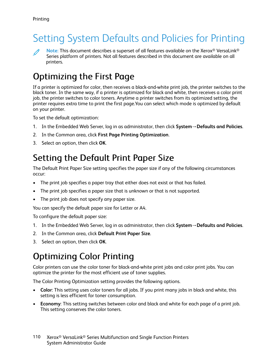 Setting system defaults and policies for printing, Setting the default print paper size, Optimizing color printing | Ooppttiim miizziinngg tthhee ffiirrsstt ppaaggee, Ooppttiim miizziinngg c coolloorr pprriinnttiinngg | Xerox VersaLink C500/DN Color Laser Printer User Manual | Page 110 / 204