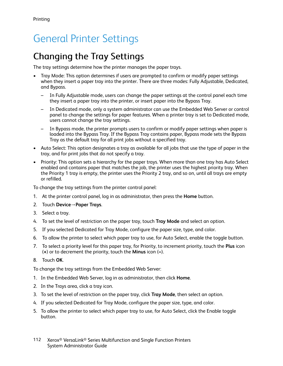 General printer settings, Changing the tray settings | Xerox VersaLink C500/DN Color Laser Printer User Manual | Page 112 / 204