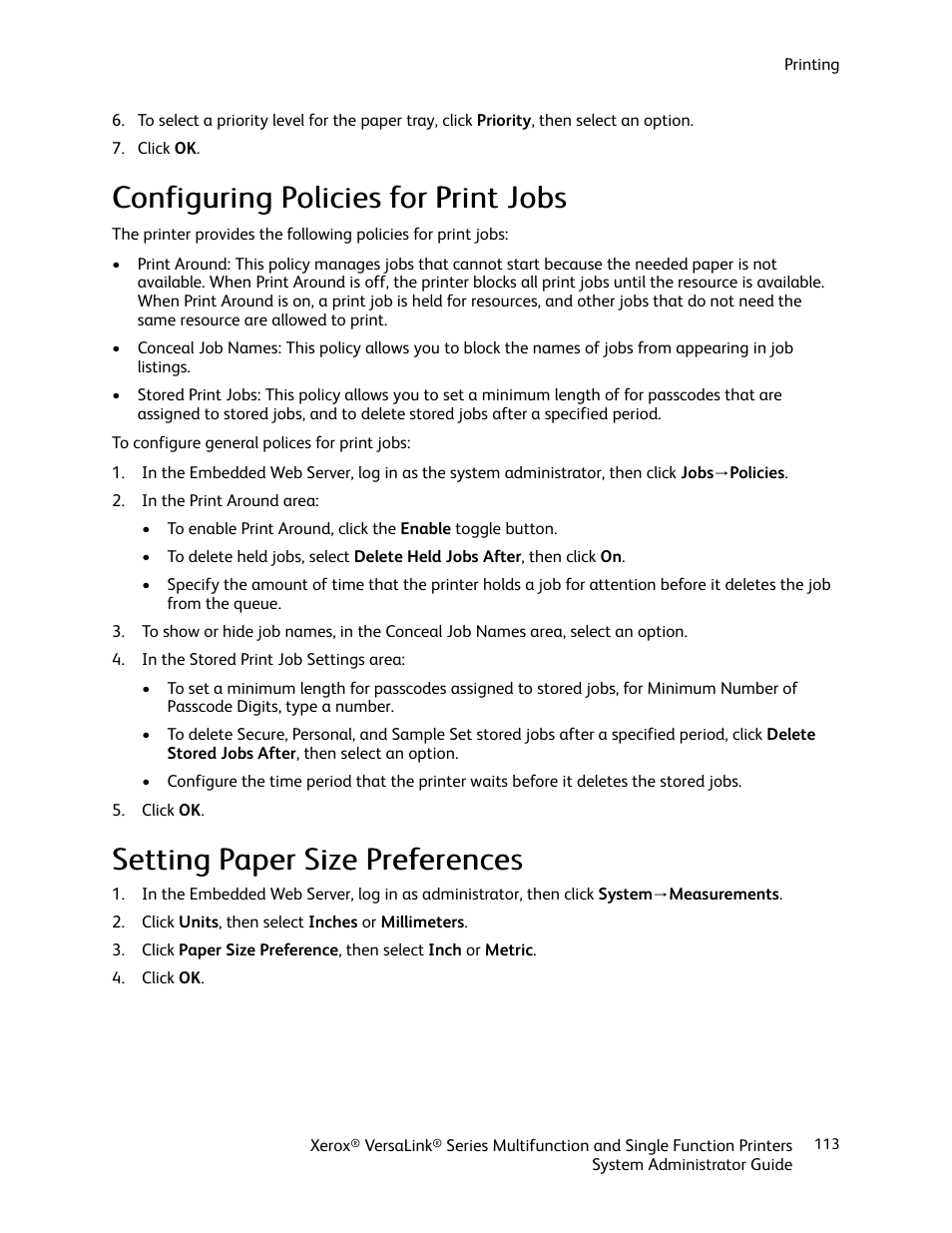 Configuring policies for print jobs, Setting paper size preferences | Xerox VersaLink C500/DN Color Laser Printer User Manual | Page 113 / 204