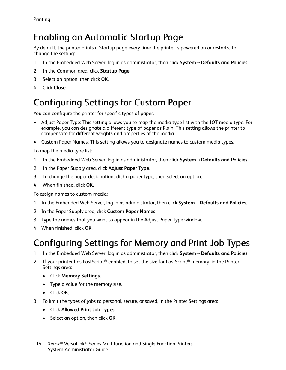 Configuring settings for custom paper | Xerox VersaLink C500/DN Color Laser Printer User Manual | Page 114 / 204