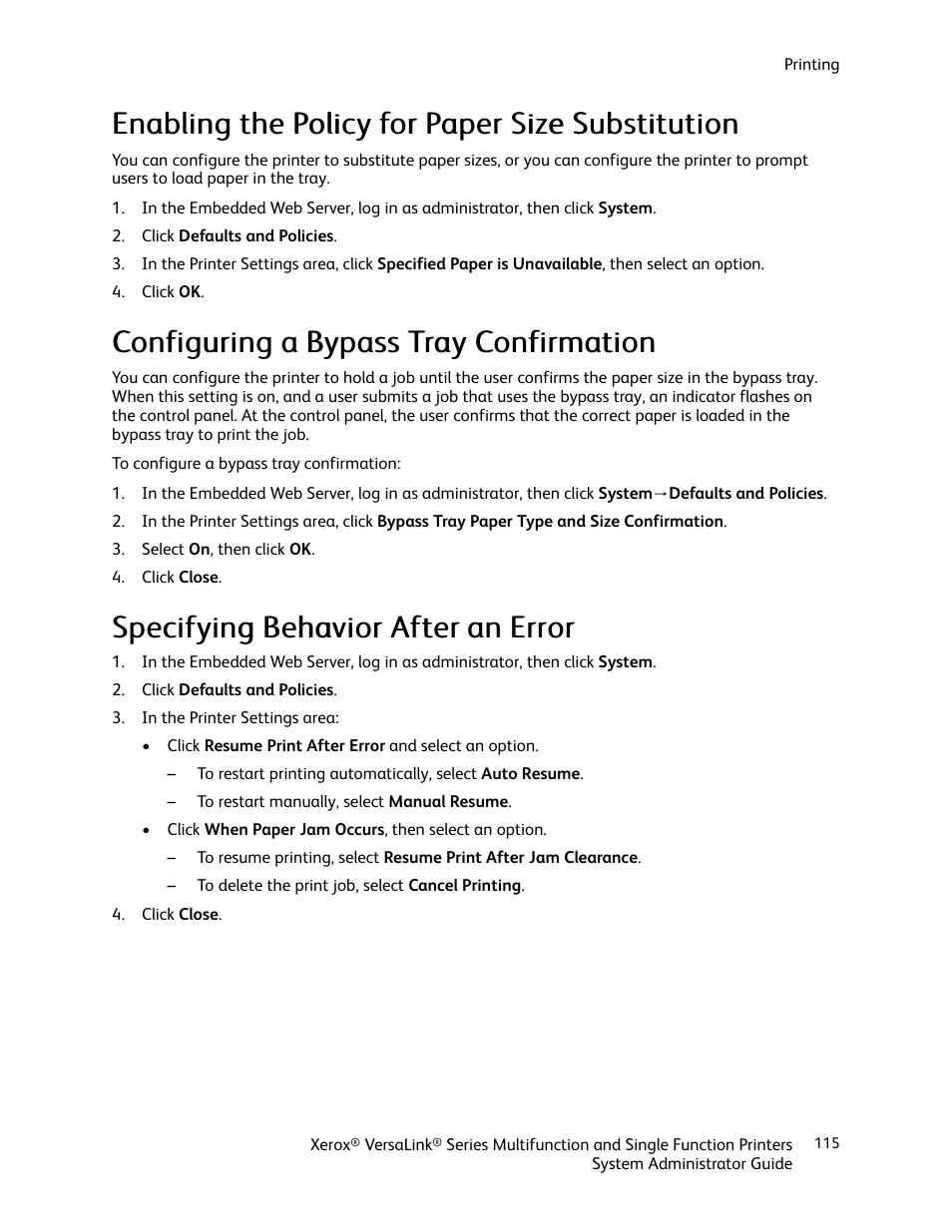 Enabling the policy for paper size substitution, Configuring a bypass tray confirmation, Specifying behavior after an error | Xerox VersaLink C500/DN Color Laser Printer User Manual | Page 115 / 204
