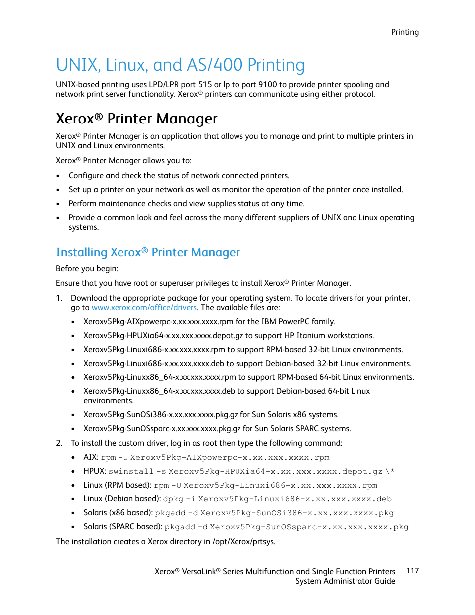 Unix, linux, and as/400 printing, Xerox® printer manager, Installing xerox® printer manager | Xerox, Printer manager, Xxeerrooxx, Pprriinntteerr m maannaaggeerr | Xerox VersaLink C500/DN Color Laser Printer User Manual | Page 117 / 204