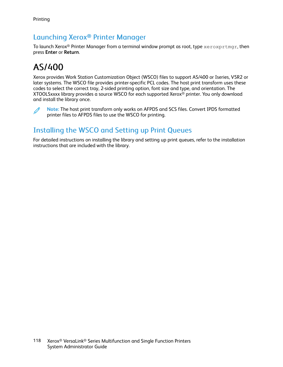 Launching xerox® printer manager, As/400, Installing the wsco and setting up print queues | Llaauunncchhiinngg xxeerrooxx, Pprriinntteerr m maannaaggeerr | Xerox VersaLink C500/DN Color Laser Printer User Manual | Page 118 / 204