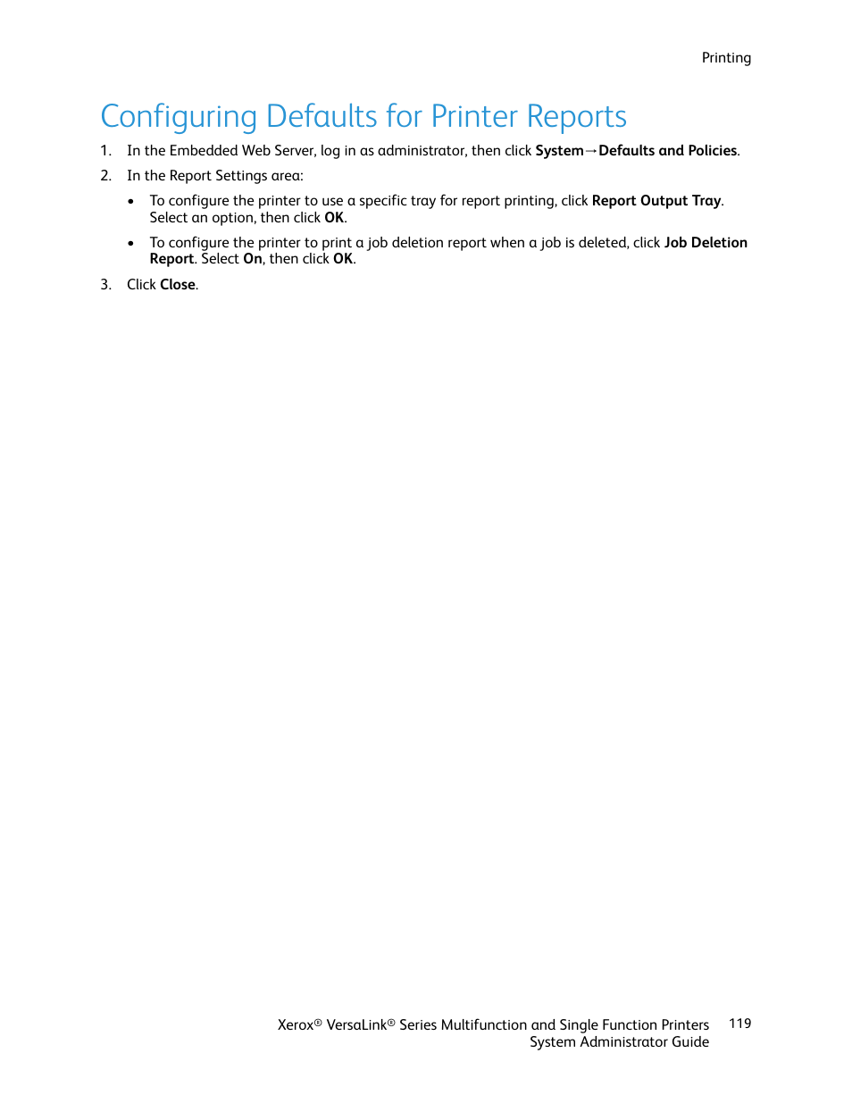 Configuring defaults for printer reports | Xerox VersaLink C500/DN Color Laser Printer User Manual | Page 119 / 204