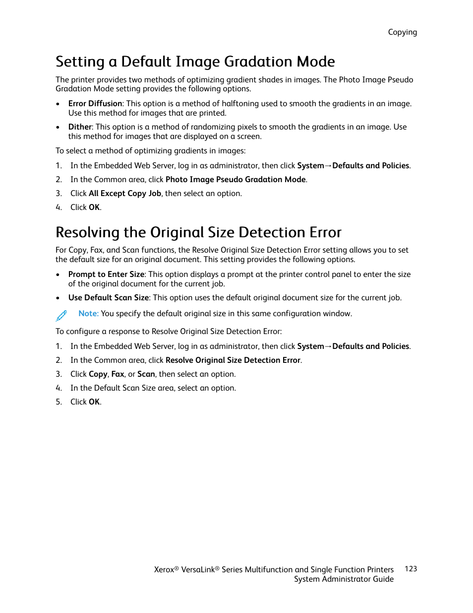 Setting a default image gradation mode, Resolving the original size detection error | Xerox VersaLink C500/DN Color Laser Printer User Manual | Page 123 / 204
