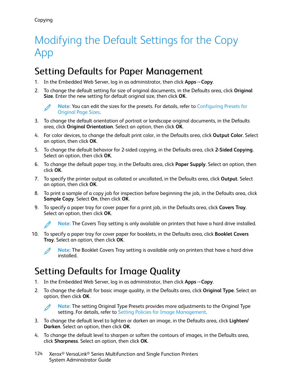 Modifying the default settings for the copy app, Setting defaults for paper management, Setting defaults for image quality | Xerox VersaLink C500/DN Color Laser Printer User Manual | Page 124 / 204