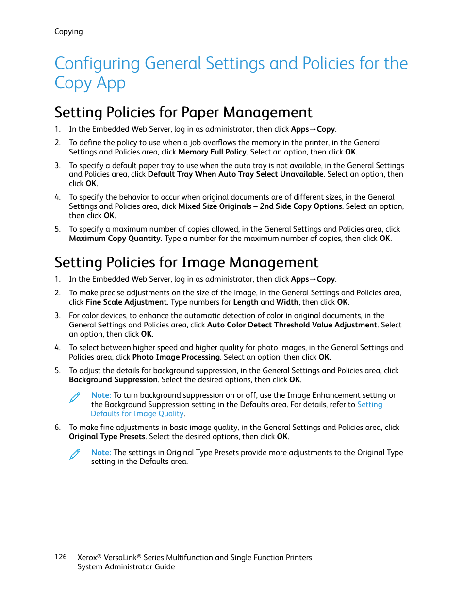 Setting policies for paper management, Setting policies for image management | Xerox VersaLink C500/DN Color Laser Printer User Manual | Page 126 / 204