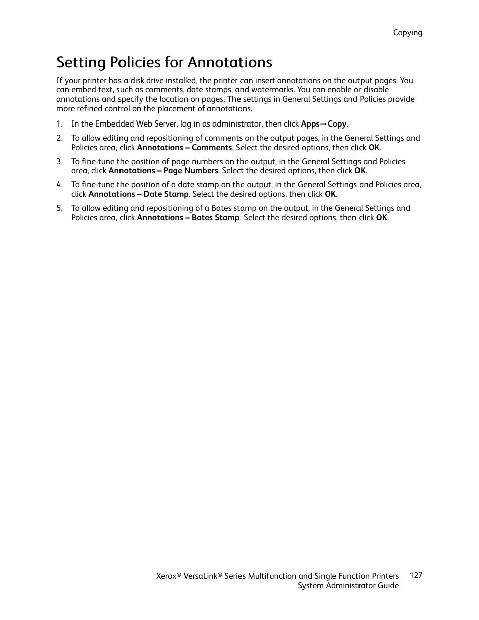 Setting policies for annotations | Xerox VersaLink C500/DN Color Laser Printer User Manual | Page 127 / 204