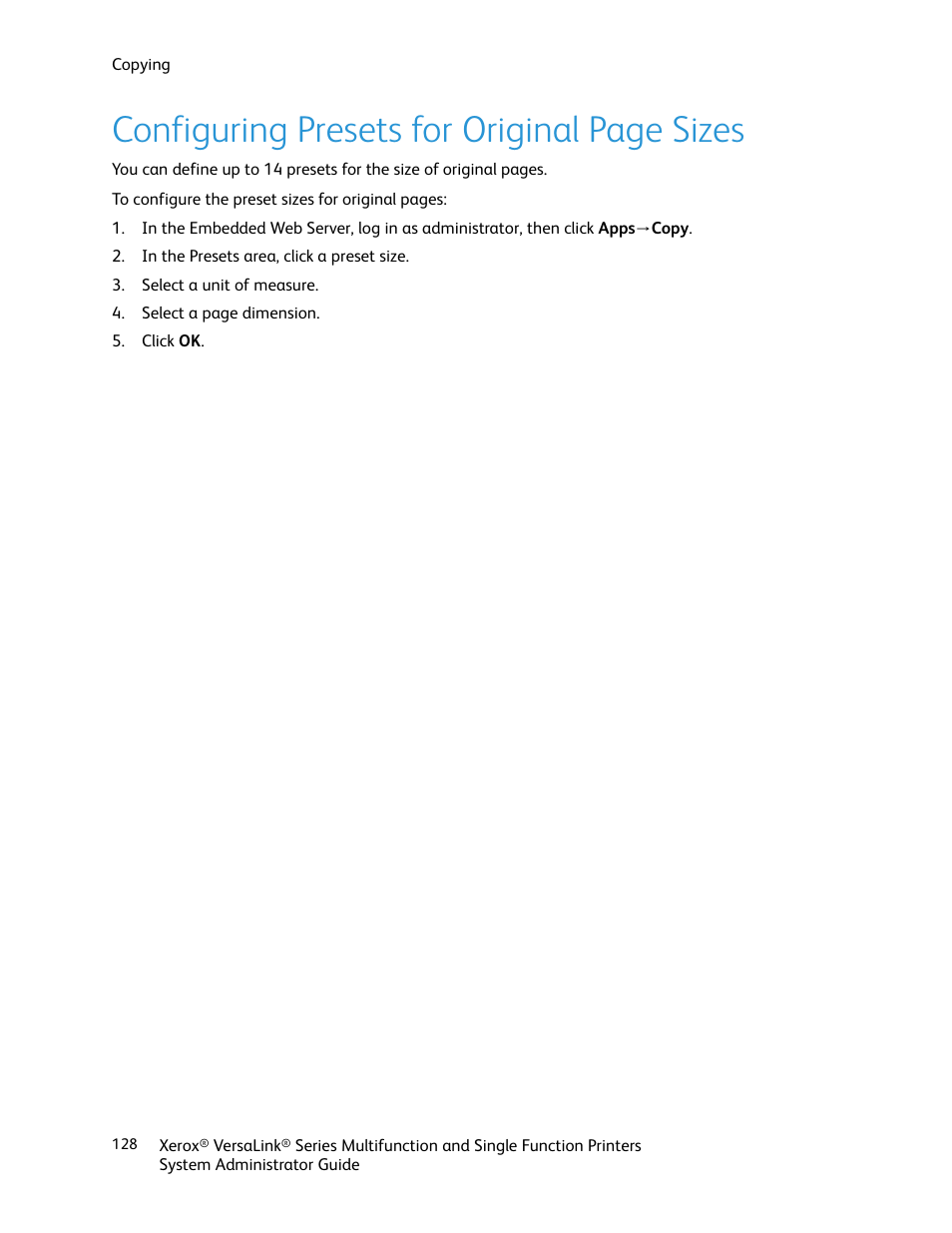 Configuring presets for, Configuring presets for original page sizes | Xerox VersaLink C500/DN Color Laser Printer User Manual | Page 128 / 204
