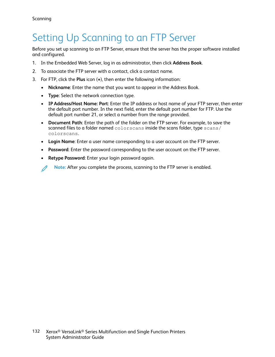 Setting up scanning to an ftp server | Xerox VersaLink C500/DN Color Laser Printer User Manual | Page 132 / 204