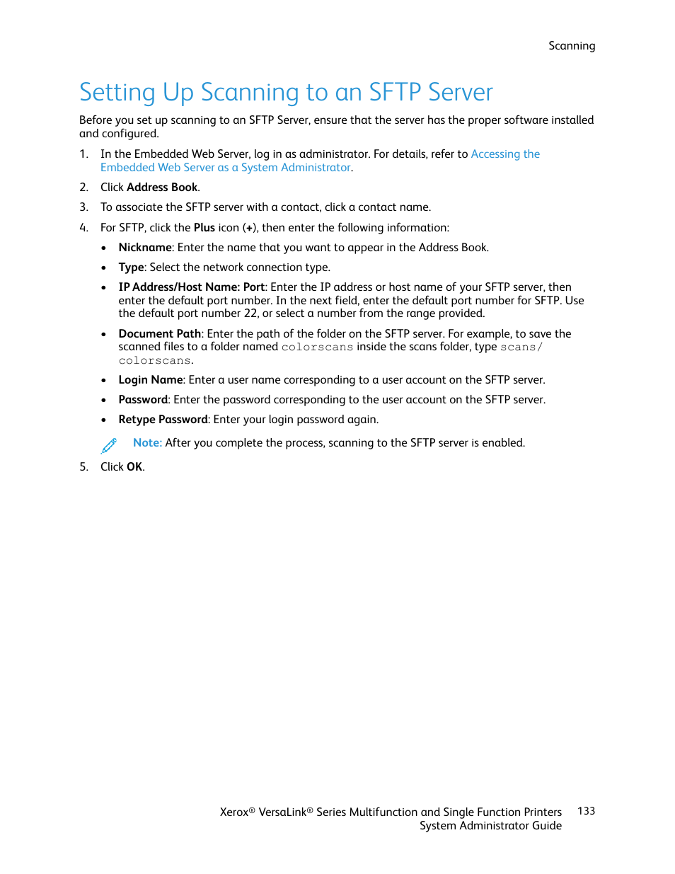 Setting up scanning to an sftp server | Xerox VersaLink C500/DN Color Laser Printer User Manual | Page 133 / 204