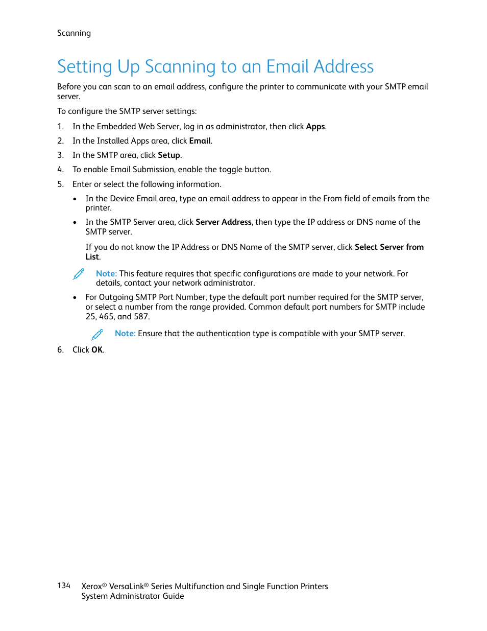 Setting up scanning to an email address | Xerox VersaLink C500/DN Color Laser Printer User Manual | Page 134 / 204