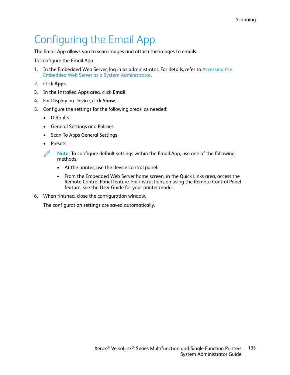 Configuring the email app | Xerox VersaLink C500/DN Color Laser Printer User Manual | Page 135 / 204