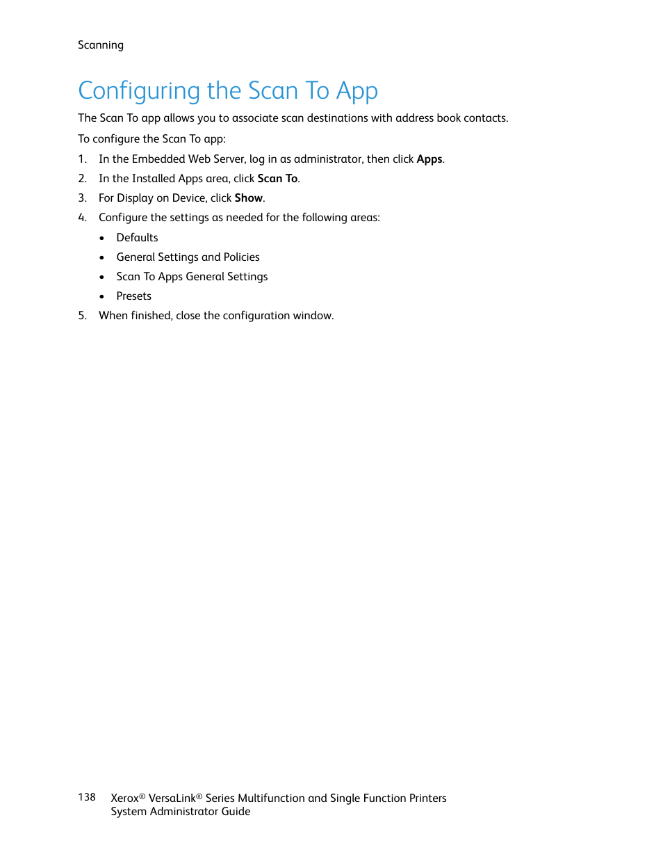 Configuring the scan to app | Xerox VersaLink C500/DN Color Laser Printer User Manual | Page 138 / 204