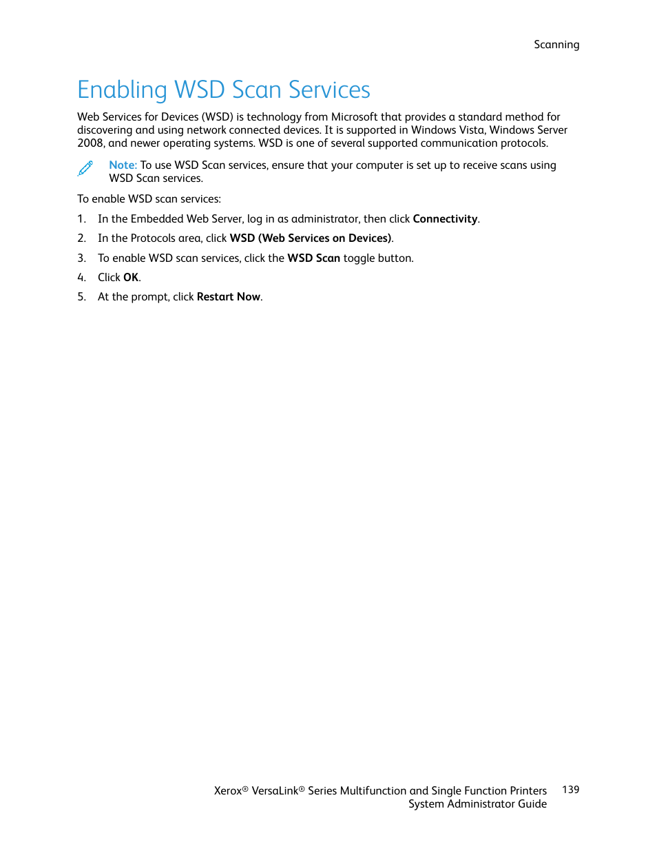 Enabling wsd scan services | Xerox VersaLink C500/DN Color Laser Printer User Manual | Page 139 / 204