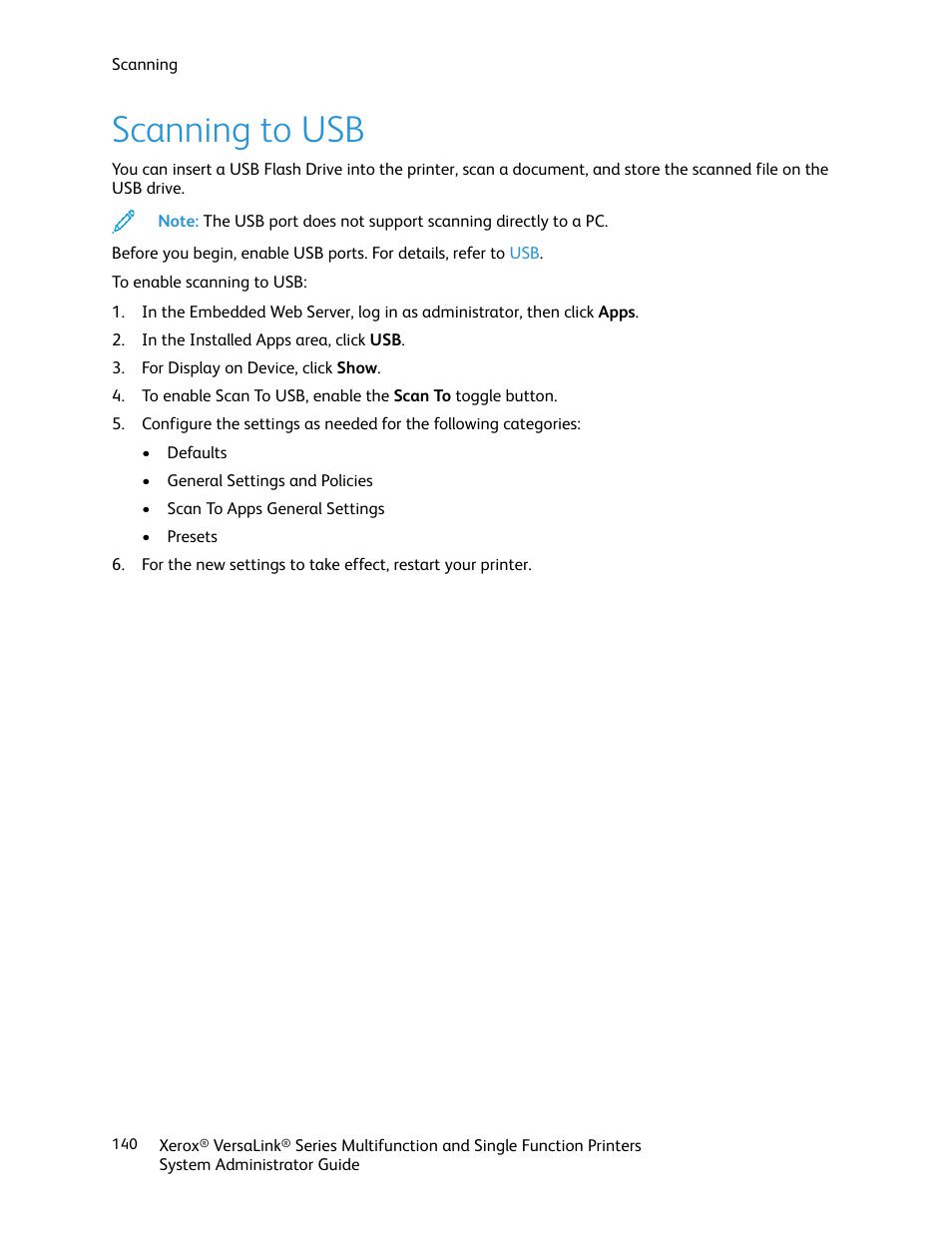 Scanning to usb | Xerox VersaLink C500/DN Color Laser Printer User Manual | Page 140 / 204