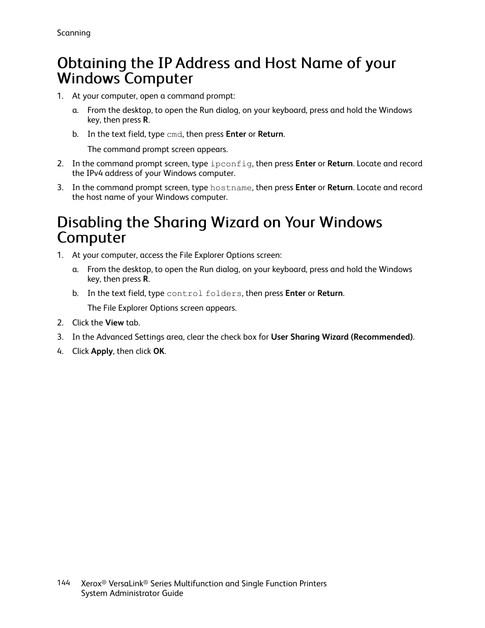 Obtaining the ip, Address and host name of your windows computer, Disabling the sharing wizard on your | Windows computer | Xerox VersaLink C500/DN Color Laser Printer User Manual | Page 144 / 204