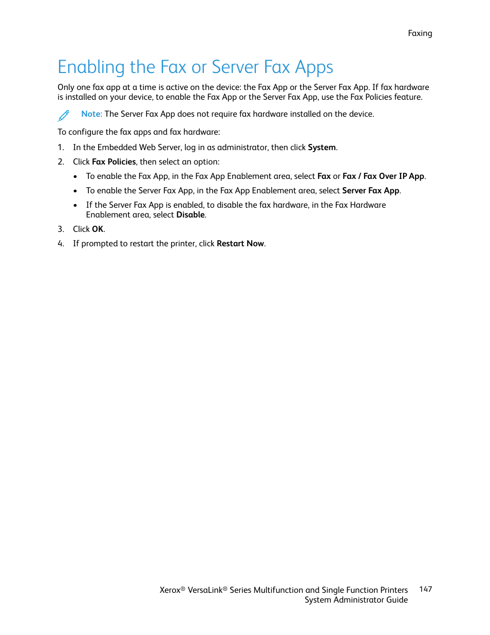 Enabling the fax or server fax apps | Xerox VersaLink C500/DN Color Laser Printer User Manual | Page 147 / 204