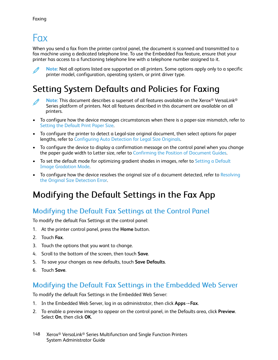 Setting system defaults and policies for faxing, Modifying the default settings in the fax app | Xerox VersaLink C500/DN Color Laser Printer User Manual | Page 148 / 204