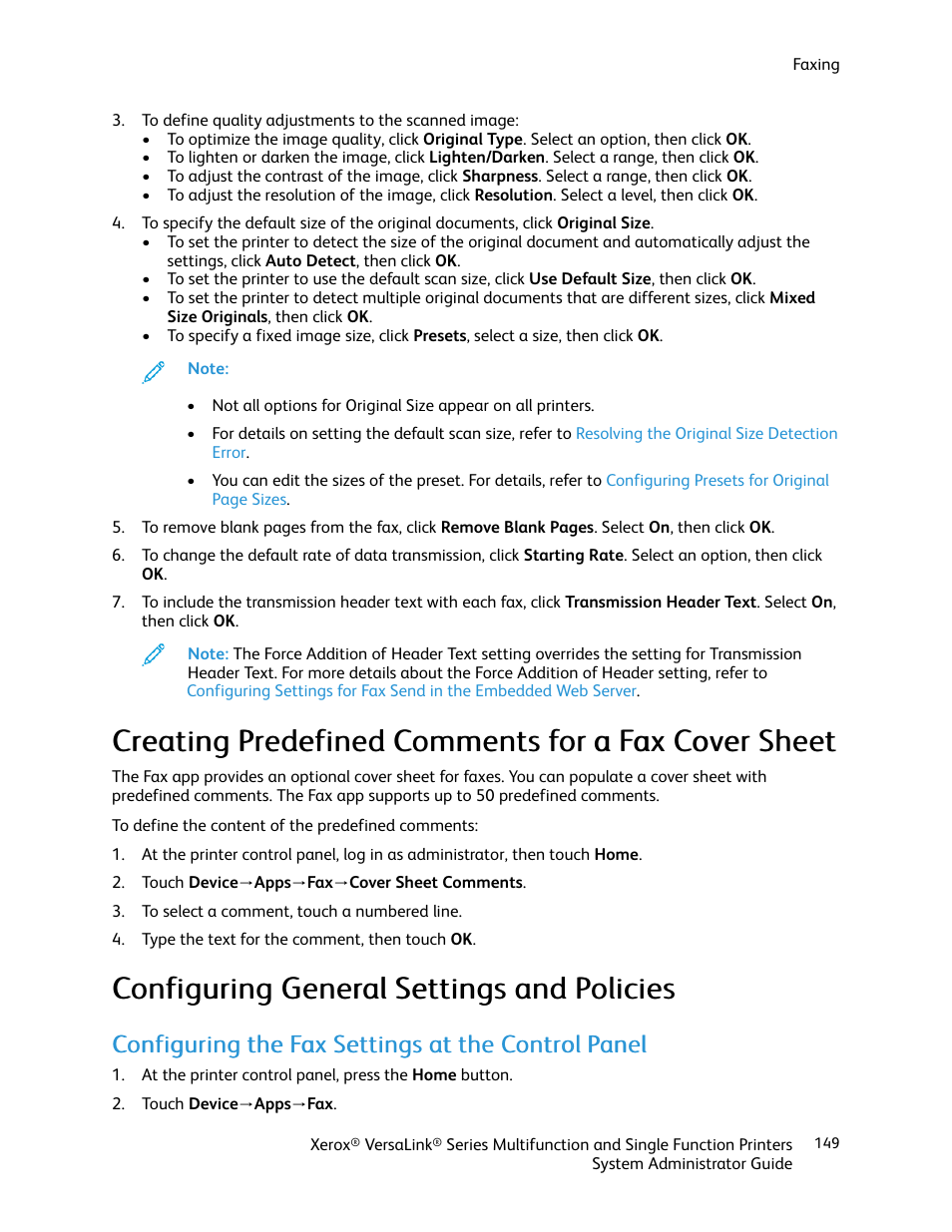 Creating predefined comments for a fax cover sheet, Configuring general settings and policies, Configuring the fax settings at the control panel | Xerox VersaLink C500/DN Color Laser Printer User Manual | Page 149 / 204