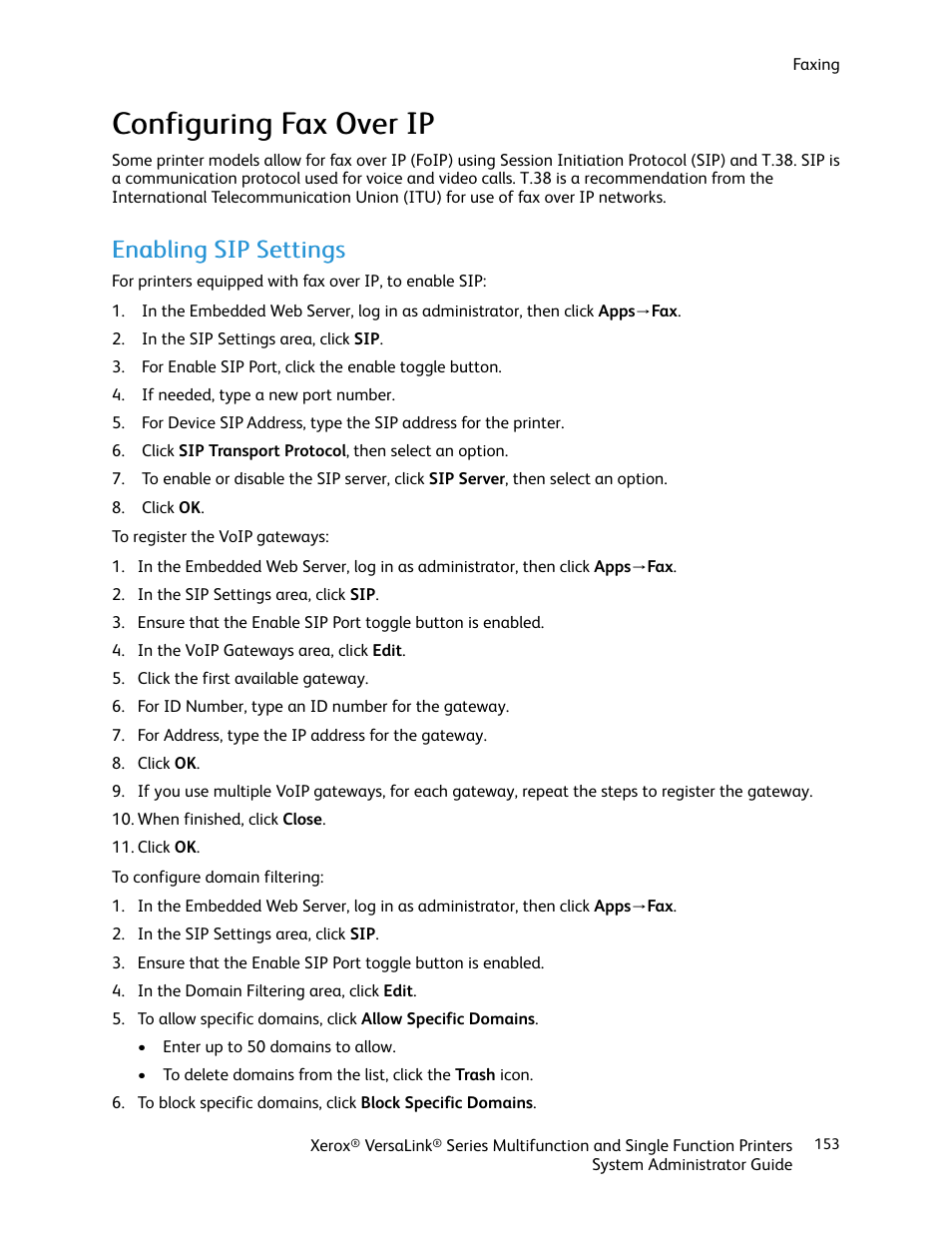 Configuring fax over ip, Enabling sip settings, Ccoonnffiigguurriinngg ffaaxx o ovveerr iipp | Xerox VersaLink C500/DN Color Laser Printer User Manual | Page 153 / 204