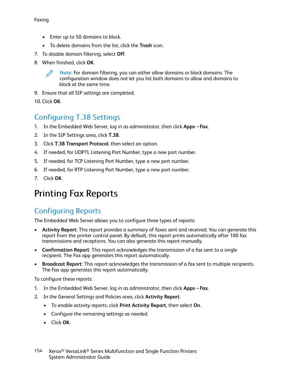 Configuring t.38 settings, Printing fax reports, Configuring reports | Pprriinnttiinngg ffaaxx rreeppoorrttss, Ccoonnffiigguurriinngg rreeppoorrttss | Xerox VersaLink C500/DN Color Laser Printer User Manual | Page 154 / 204