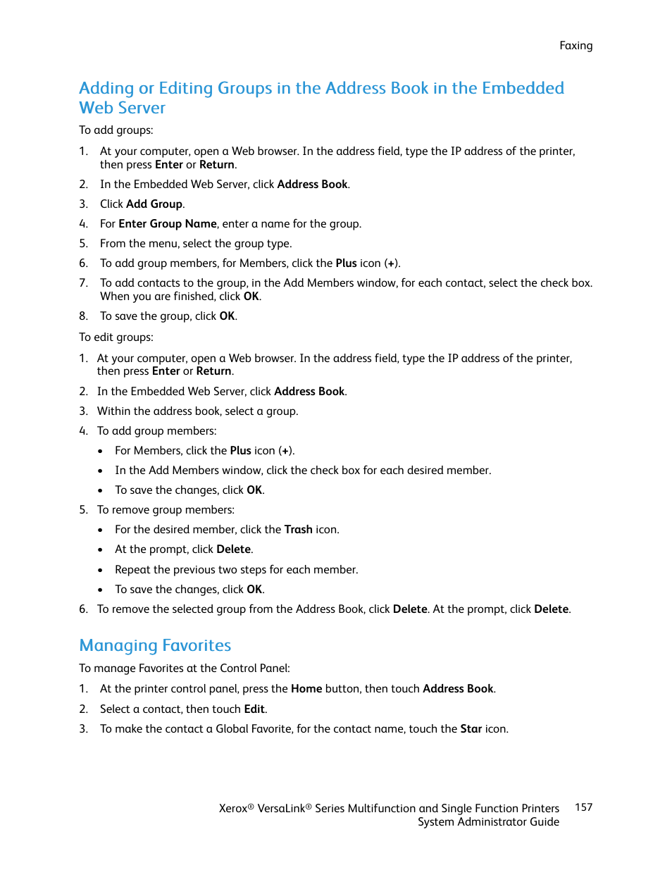 Managing favorites, Mmaannaaggiinngg ffaavvoorriitteess | Xerox VersaLink C500/DN Color Laser Printer User Manual | Page 157 / 204
