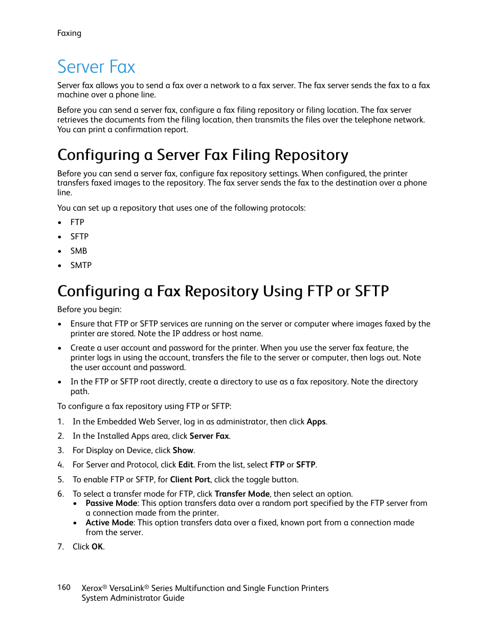 Server fax, Configuring a server fax filing repository, Configuring a fax repository using ftp or sftp | Xerox VersaLink C500/DN Color Laser Printer User Manual | Page 160 / 204