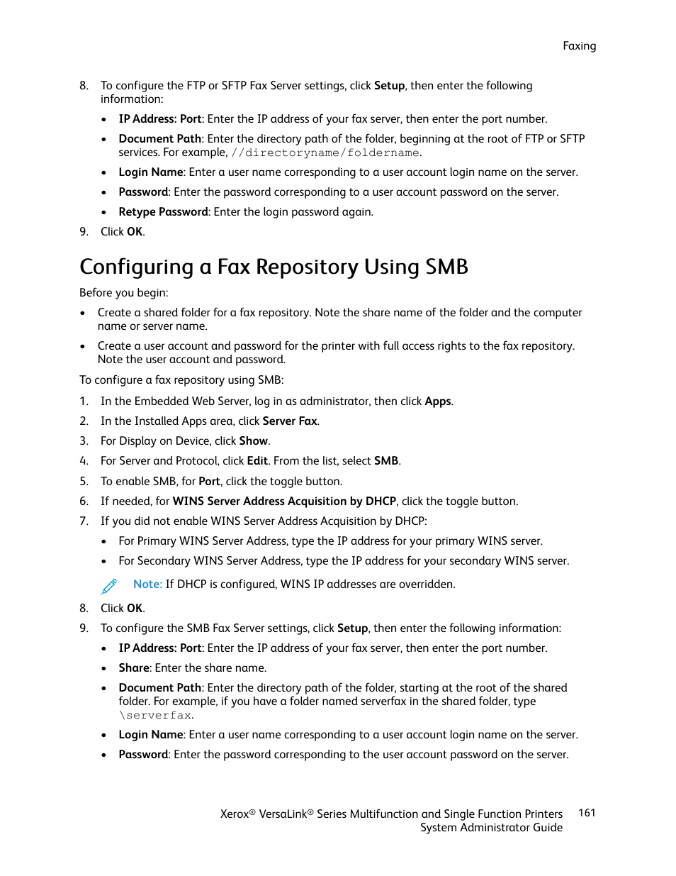 Configuring a fax repository using smb | Xerox VersaLink C500/DN Color Laser Printer User Manual | Page 161 / 204