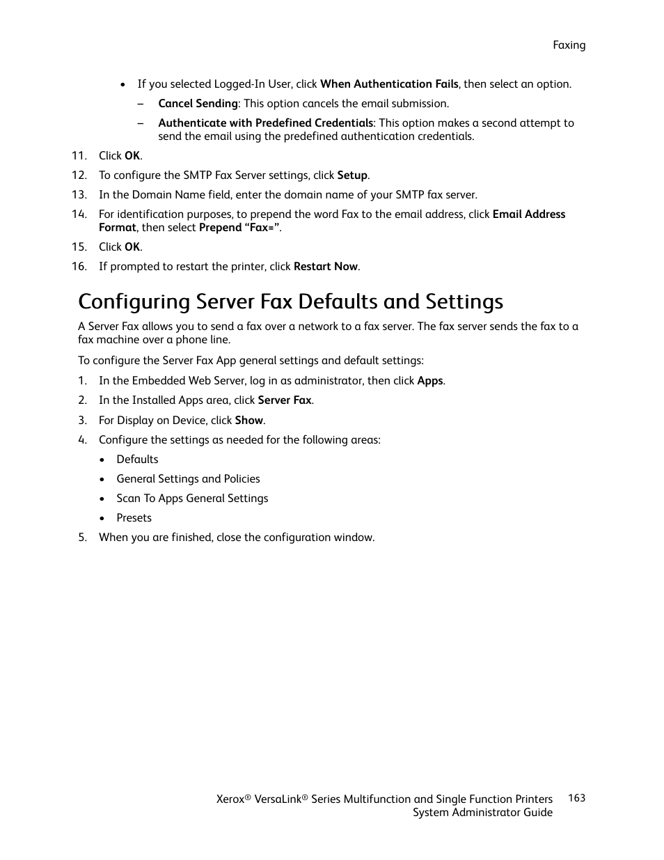 Configuring server fax defaults and settings | Xerox VersaLink C500/DN Color Laser Printer User Manual | Page 163 / 204