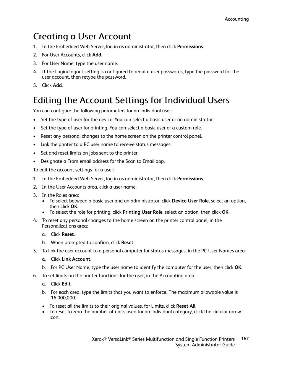 Creating a user account, Editing the account settings for individual users, Editing the | Account settings for individual users | Xerox VersaLink C500/DN Color Laser Printer User Manual | Page 167 / 204
