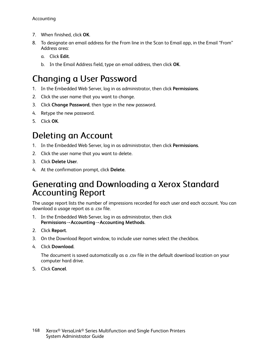 Changing a user password, Deleting an account | Xerox VersaLink C500/DN Color Laser Printer User Manual | Page 168 / 204