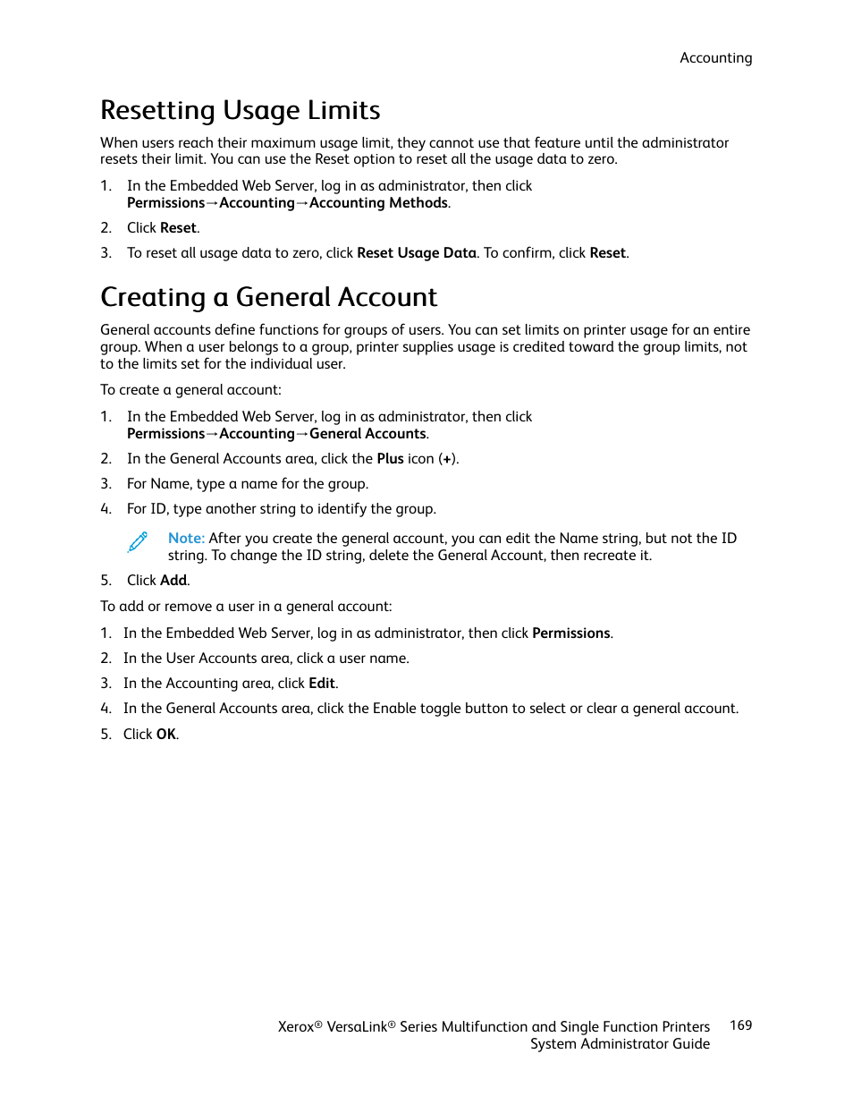Resetting usage limits, Creating a general account, Resetting usage limits creating a general account | Xerox VersaLink C500/DN Color Laser Printer User Manual | Page 169 / 204