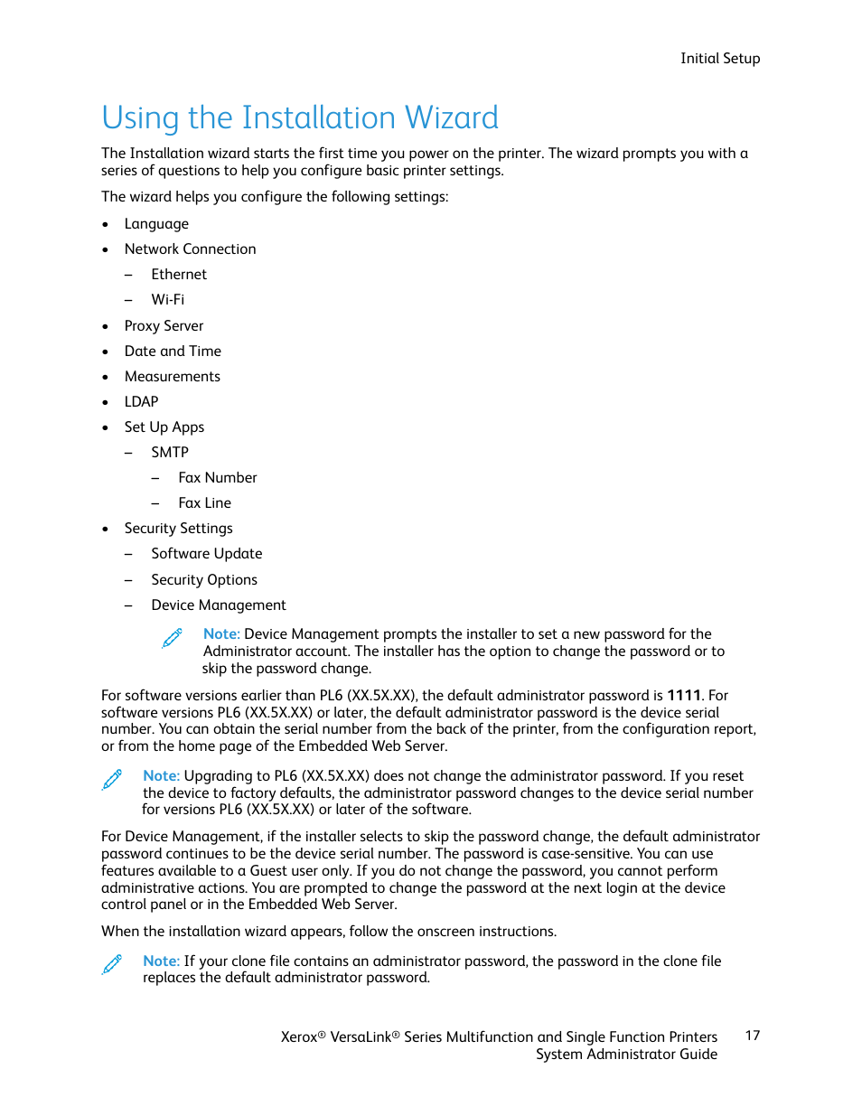 Using the installation wizard | Xerox VersaLink C500/DN Color Laser Printer User Manual | Page 17 / 204