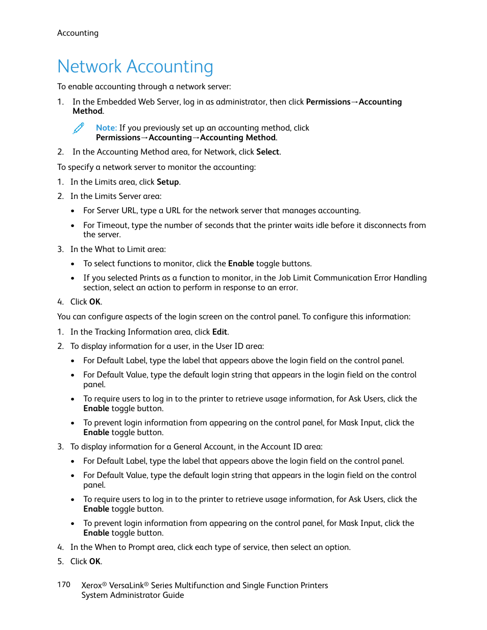 Network accounting | Xerox VersaLink C500/DN Color Laser Printer User Manual | Page 170 / 204