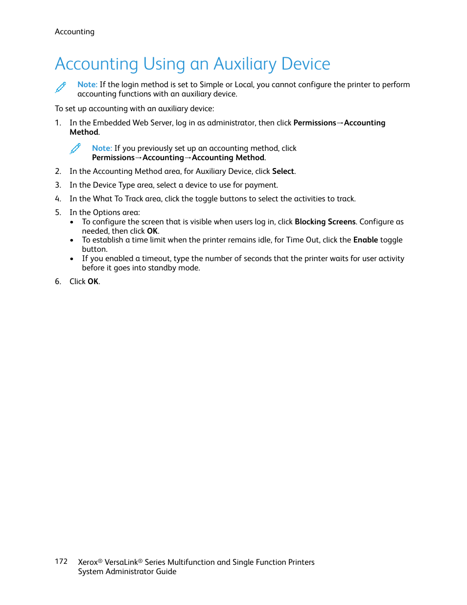 Accounting using an auxiliary device | Xerox VersaLink C500/DN Color Laser Printer User Manual | Page 172 / 204