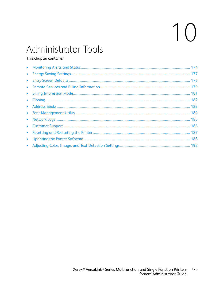 10 administrator tools, Administrator tools | Xerox VersaLink C500/DN Color Laser Printer User Manual | Page 173 / 204