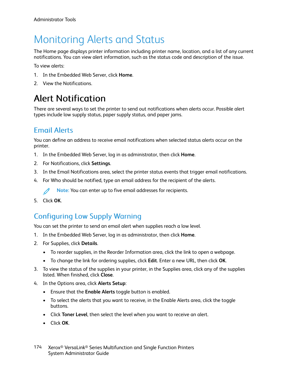 Monitoring alerts and status, Alert notification, Email alerts | Configuring low supply warning, Aalleerrtt n noottiiffiiccaattiioonn, Eem maaiill a alleerrttss | Xerox VersaLink C500/DN Color Laser Printer User Manual | Page 174 / 204